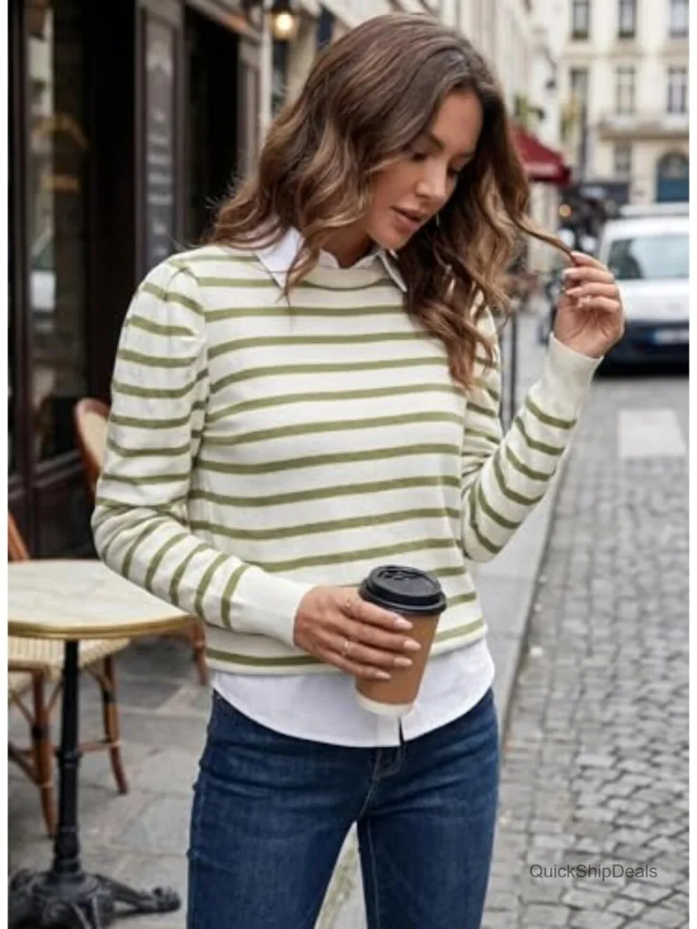 Striped Puff Long Sleeve Knit Pullover Sweater Women Casual Crew Neck